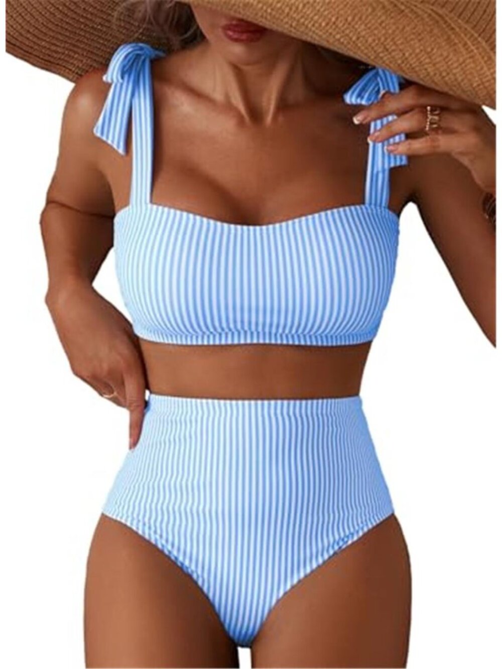 Herseas Blue Stripe High Waisted Bikini Set Tie Shoulder Two Piece Swimwear